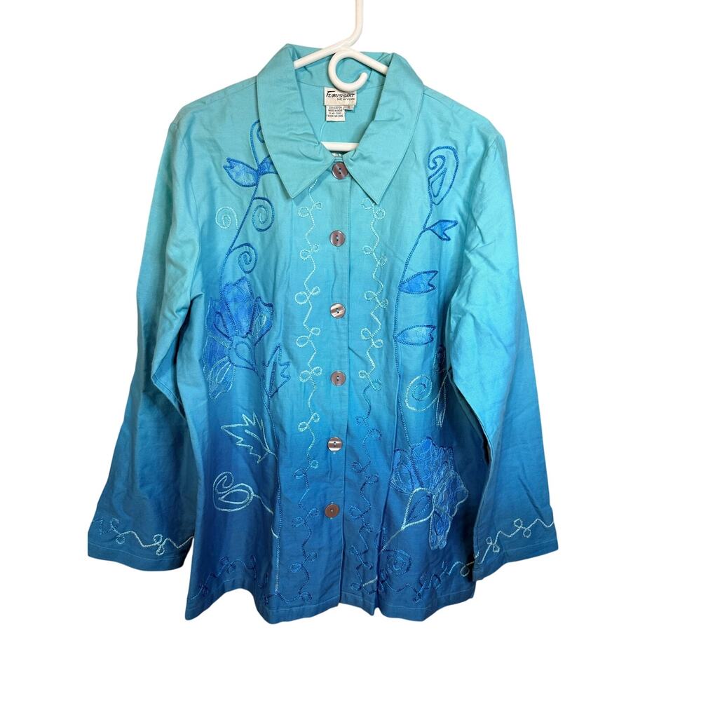Florissant New York women’s ombré turquoise blue button-front shirt embroider XL